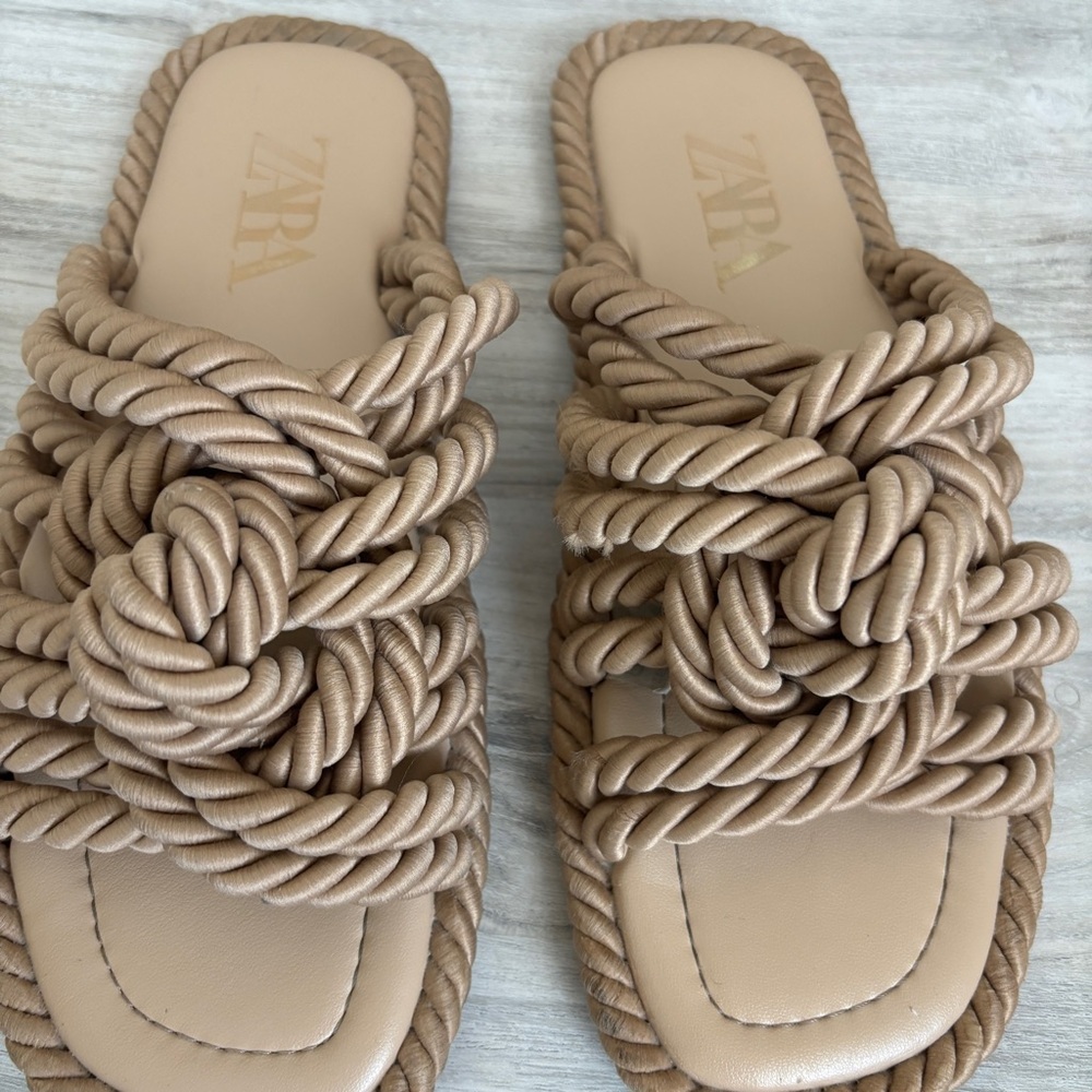 Zara Low Heeled Knotted Rope Flat Nude Sandals Size 37 - Picture 5 of 7
